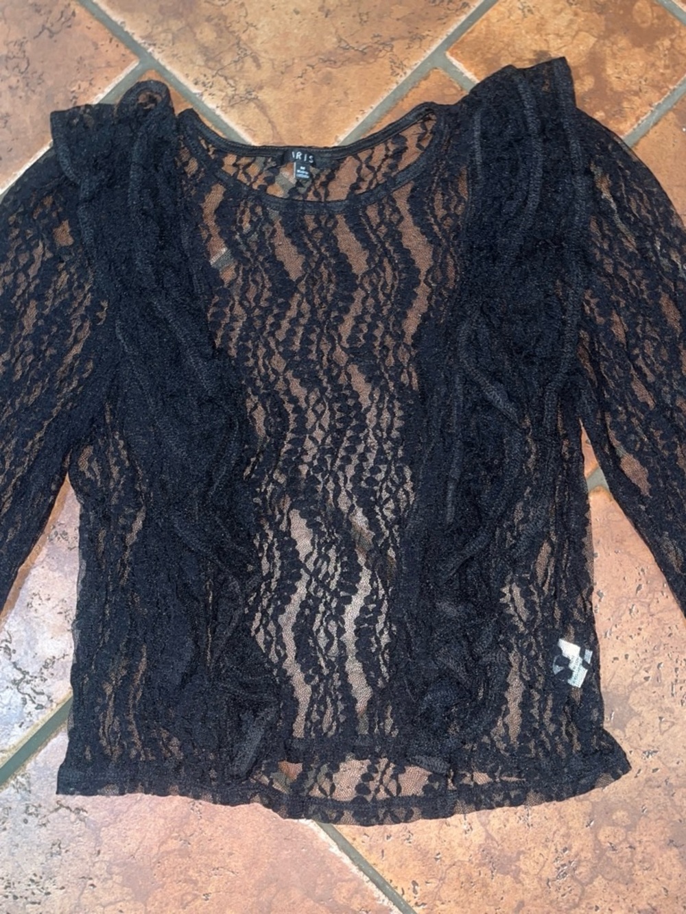 iris Black Sheer Lace Ruffle Blouse
